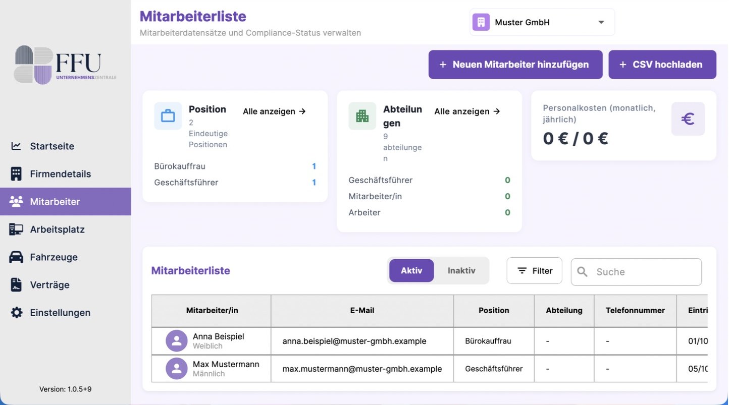 Mitarbeiterliste mit Positionen und Abteilungen