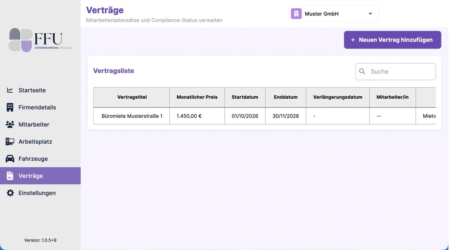 Vertragsliste mit monatlichem Preis, Start- und Enddatum